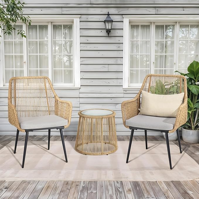 Patio Dining Chairs, Outdoor Dining Chairs with Armrest & Cushion Set of 2, All-Weather Woven Twisted Wicker Rattan Chair, Modern Indoor Outdoor Seating for Garden Lawn Backyard Natural