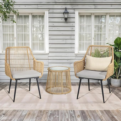 Patio Dining Chairs, Outdoor Dining Chairs with Armrest & Cushion Set of 2, All-Weather Woven Twisted Wicker Rattan Chair, Modern Indoor Outdoor Seating for Garden Lawn Backyard Natural