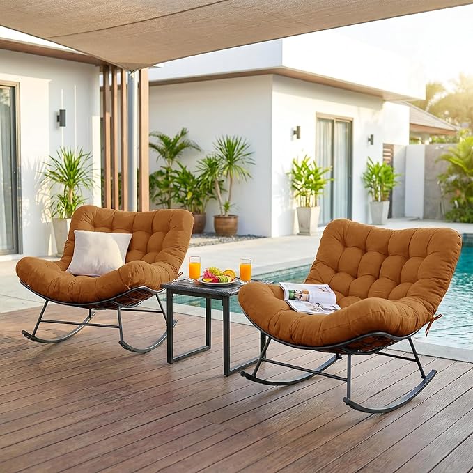 Outdoor Rocking Chairs Set of 2 with Wicker Side Table, Thick Cushioned Papasan Rocking Chairs with End Table, 3PCS Oversized Egg Chair Set for Patio, Porch, Balcony, Bedroom, Living Room, Brown