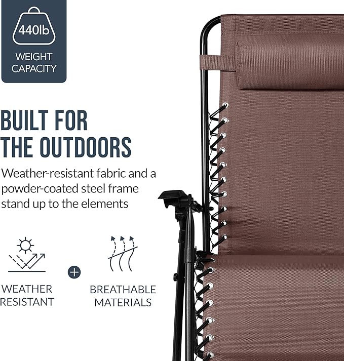 Best Choice Products Set of 2 Extra Wide Adjustable Steel Mesh Zero Gravity Lounge Chair Recliners w/Pillows and Cup Holder Trays - Brown