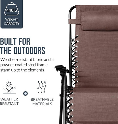 Best Choice Products Set of 2 Extra Wide Adjustable Steel Mesh Zero Gravity Lounge Chair Recliners w/Pillows and Cup Holder Trays - Brown