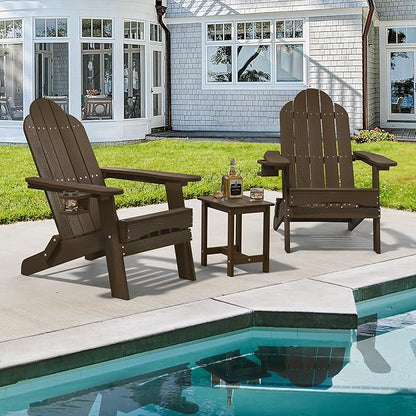 LUE BONA Folding Adirondack Chair Set of 2 with Adirondack Side Table, Dark Brown HDPS Fire Pit Adirondack Chairs with Cup Holder for Patio, Proch