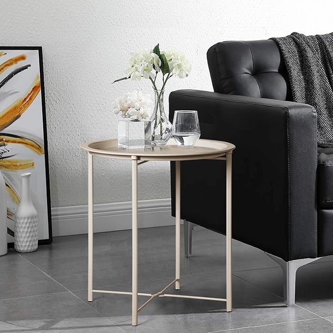 VECELO Side/End Table, Folding Round Metal Anti-Rust and Waterproof Outdoor or Indoor Tray for Living Room Bedroom - Photo 2