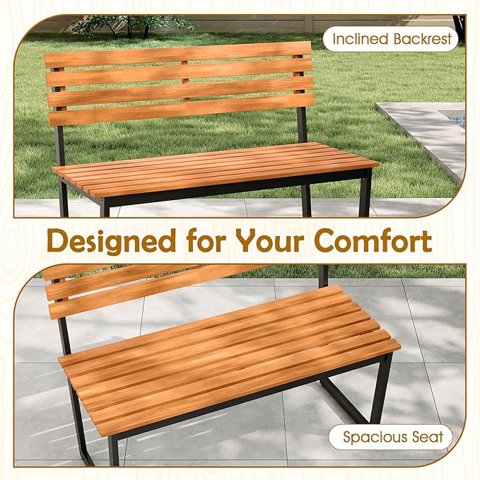 Giantex Outdoor Bench, 43"×22"×33" Acacia Wood Patio Loveseat with Backrest, Heavy Duty Metal Frame, 800 lbs Weight Capacity, 2-Person Garden Bench for Lawn, Porch, Yard and Park