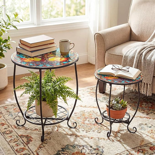 2 Pcs Outdoor Side Table Small Patio Round Mosaic Accent End Table Indoor Plant Metal Coffee Tea Tables for Patio Yard Porch Garden Living Room(12" and 16",Tree of Life)