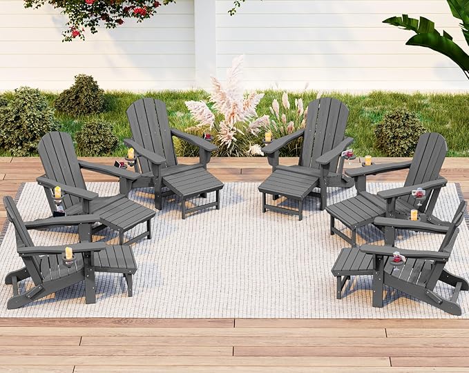 KINGYES Folding Adjustable Adirondack Chair with Retractable Ottoman Set of 6, HDPE All Weather Chair with Cup Holder - Recliner Adirondack Chair, Grey