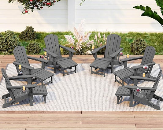 KINGYES Folding Adjustable Adirondack Chair with Retractable Ottoman Set of 6, HDPE All Weather Chair with Cup Holder - Recliner Adirondack Chair, Grey