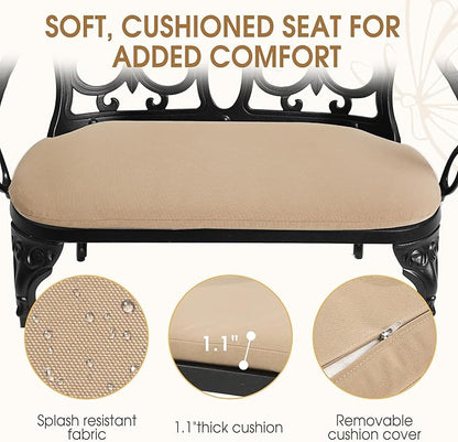 Outdoor Bench with Cushion, Cast Aluminum Double Seating with Backrest and Armrests, Mental Outdoor Furniture for Patio, Porch, Garden, Park, Black Butterfly