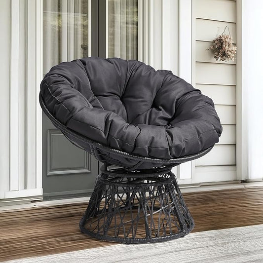 VINGLI Outdoor Papasan Chairs with Thick Cushions 360 Degree Swivel Chair, Patio Chairs Lounge Chair Rading Chair for Balcony, Yard, Porch (Black)