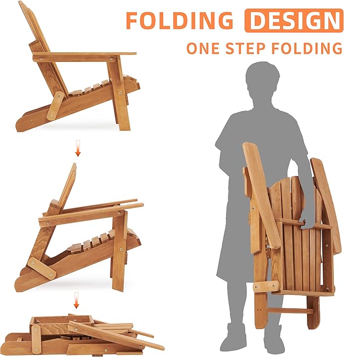 Oversized Wooden Folding Adirondack Chair with Pre-Assembled Backrest and Seat Board - Photo 4
