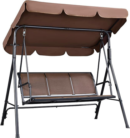 Yaheetech Outdoor Porch Swing Chair for Adults, 3-Seat Patio Hanging Swing w/Adjustable Canopy, Armrests, Porch Swing Sets w/Stand, Breathable Fabric for Backyard/Garden/Balcony, Dark Brown
