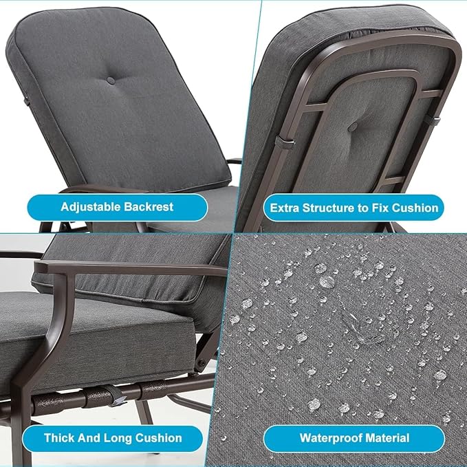 U-MAX Adjustable Outdoor Chaise Lounge Chair Patio Lounge Chair Recliner Furniture with Armrest and Cushion for Deck, Poolside, Backyard (Grey, 2PCS)