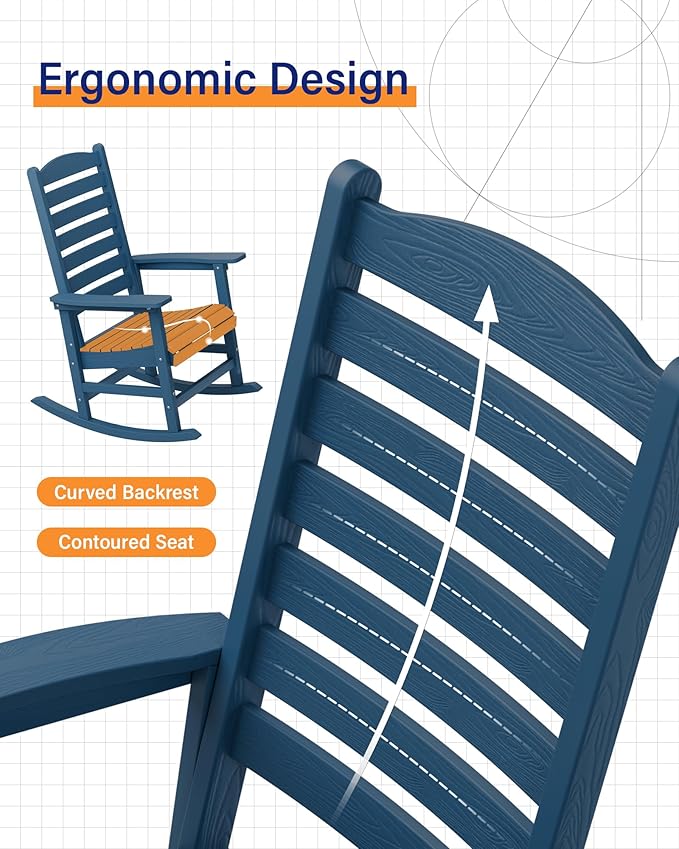 YEFU Outdoor Rocking Chair Set of 2,Poly Porch Rocker with Curved Backrest,All Weather Patio Rocking Chair,Like Real Wood,for Indoor,Lawn, Backyard,Garden,Heavy Duty,Weight Capacity 380lbs(Navy Blue)