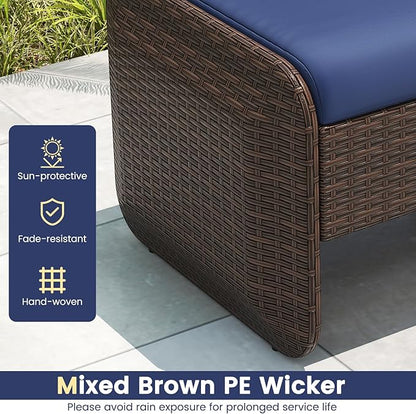 Tangkula 2 Pieces Patio PE Wicker Ottomans with Removable Cushions, Multipurpose Outdoor Furniture for Additional Seating, Footrest and Side Table, Outdoor Footstools for Porch, Backyard (Navy)