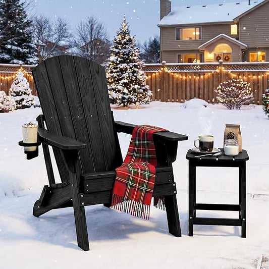 Folding Adirondack Chair with Cup Holder, HDPE All Weather Resistant Plastic Outdoor Patio Chairs, Heavy Duty Fire Pit Seating for Backyard Lawn Garden, Wooden Textured Design(Black)
