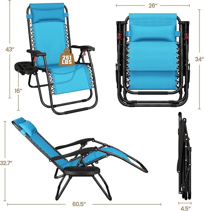 Yaheetech Zero Gravity Recliners Outdoor Adjustable Folding Reclining Lounge Chairs w/Pillows - Photo 3