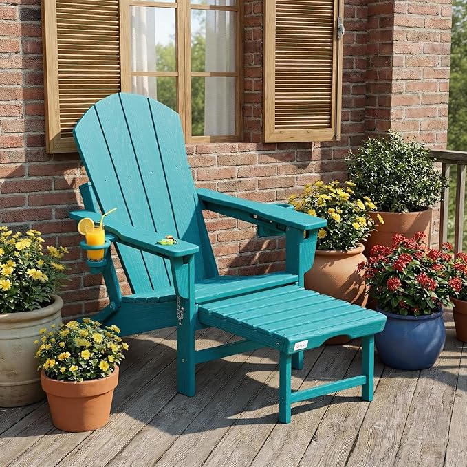 Mdeam 3-Level Adjustable Adirondack Chair with Retractable Ottoman, HDPE All-Weather Folding Fire Pit Chair with 2 Cup Holders, Outdoor Chair for Deck Patio Garden Backyard Lawn (Aruba Blue)