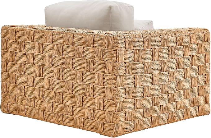 Modway Thames Wicker Rattan Outdoor Armchair - Natural Light Gray, UV-Resistant Deep-Seating Accent Chair with Cushion and Lumbar Pillow, Basket-Weave Patio Accent Chair for Backyard, Deck