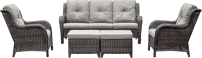 Rilyson Outdoor Furniture Set, 5-Piece Patio Rattan Wicker Sectional Sofa Set with 3-Seat Couch, 2 Armchairs - Photo 1