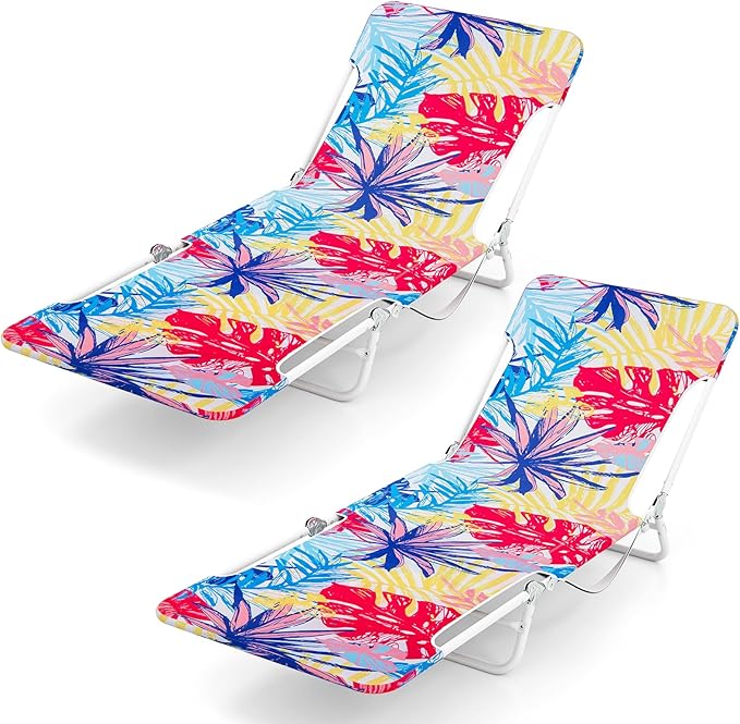 GYMAX Tanning Chair, 2Pcs Folding Beach Chairs with Adjustable Backrest, Footrest, 330lbs Capacity & Shoulder Strap, Portable Layout Sunbathing Loungers for Outside, Patio, Poolside (Colorful Leaves)