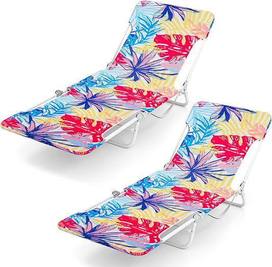 GYMAX Tanning Chair, 2Pcs Folding Beach Chairs with Adjustable Backrest, Footrest, 330lbs Capacity & Shoulder Strap, Portable Layout Sunbathing Loungers for Outside, Patio, Poolside (Colorful Leaves)