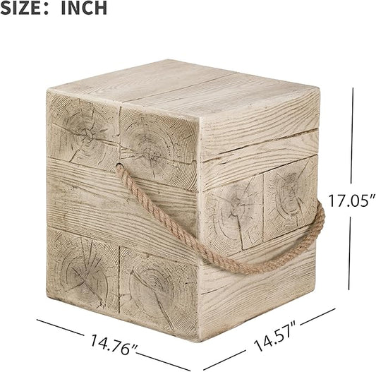 Outdoor Side Table Concrete End Table Faux Stump Side Tables with Braided Cord Small Square Coffee Tables for Indoor Outdoor, Garden Stool Plant Stand for Porch, Patio,Cement Gray
