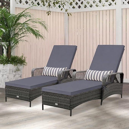 HAPPYGRILL Patio Rattan Chaise Lounge, Outdoor PE Wicker Sun Lounger with Adjustable Backrest, Cushion & Pillow, Reclining Sunbed for Balcony Poolside Yard (Mix Gray & Gray)