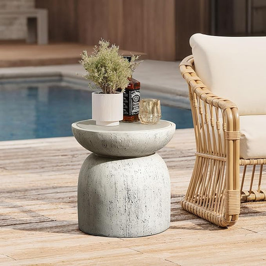 LuxenHome Rustic Outdoor Side Table, 16'' Concrete Small End Tables, Off White and Gray Weathered Accent Table for Patio, Indoor, Poolside, Backyard, Outside, Decorative Garden Stool, Plant Stand