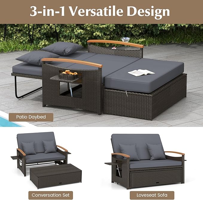 LDAILY Moccha Outdoor Wicker Daybed, Patio Rattan Loveseat Sofa w/ 4-Level Adjustable Backrest, Folding Panels - Photo 5