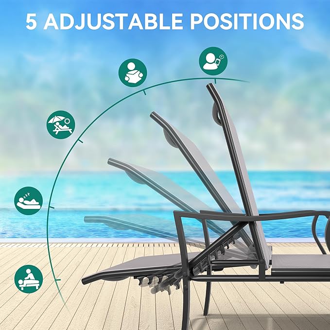 YITAHOME Outdoor Chaise Lounge Chair Set of 3,Patio Lounge Chair with Side Table and 5 Adjustable Positions, Textile Pool Chaise Lounger for Outdoor, Patio, Beach, Yard (Brown)