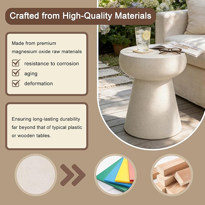 Outdoor Side Table Round Concrete End Table Faux Stone Side Tables Travertine Small Coffee Tables for Indoor Outdoor, Garden Stool Plant Stand for Porch, Backyard Patio, 14.56" Pedestal