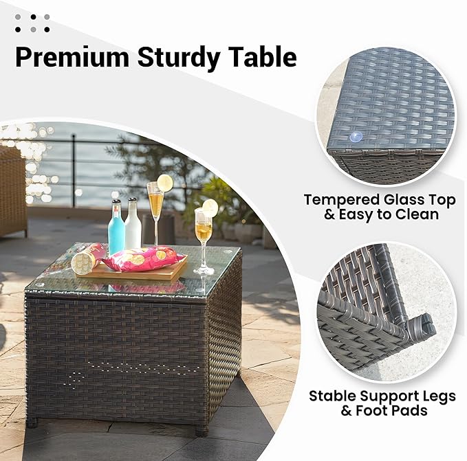 ovios Outdoor Side Table with Tempered Glass Top, Patio Wicker Coffee Table, Rattan Bistro End Table for Porch Deck Balcony Garden Poolside, Brown