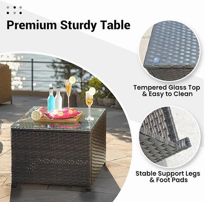 ovios Outdoor Side Table with Tempered Glass Top, Patio Wicker Coffee Table, Rattan Bistro End Table for Porch Deck Balcony Garden Poolside, Brown