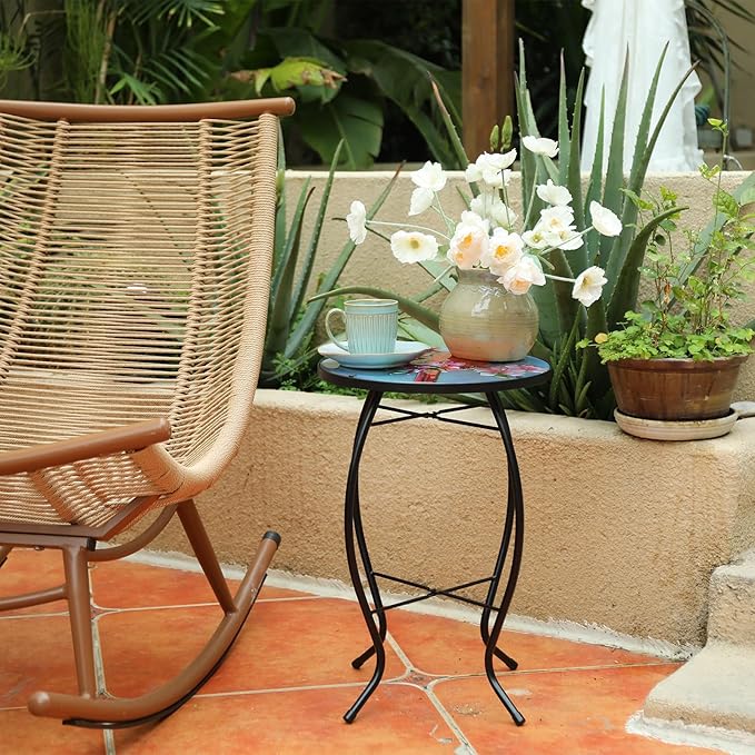 MUMTOP Side Patio Tables-Mosaic Outdoor Side Table - 14’’ Cardinal Glass Accent Round EndTable, Plant Stand Indoor Small CoffeeTable for Garden or Living Room Decor
