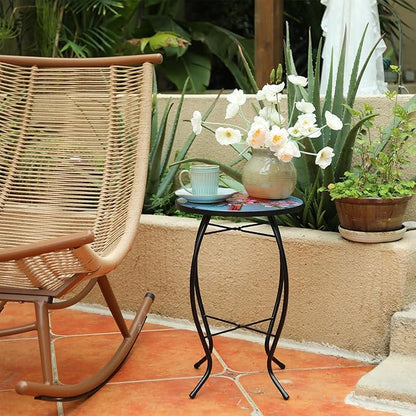 MUMTOP Side Patio Tables-Mosaic Outdoor Side Table - 14’’ Cardinal Glass Accent Round EndTable, Plant Stand Indoor Small CoffeeTable for Garden or Living Room Decor