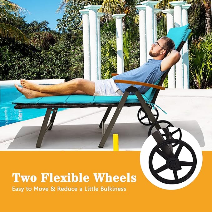 Tangkula Foldable Lounge Chair Outdoor, Wicker Chaise Lounge with Aluminum Frame, 7-Position Adjustable Reclining Pool Lounge Chairs with Wheels, Rattan Lounger with Cushion for Outside Patio Balcony