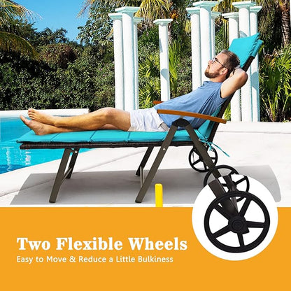 Tangkula Foldable Lounge Chair Outdoor, Wicker Chaise Lounge with Aluminum Frame, 7-Position Adjustable Reclining Pool Lounge Chairs with Wheels, Rattan Lounger with Cushion for Outside Patio Balcony