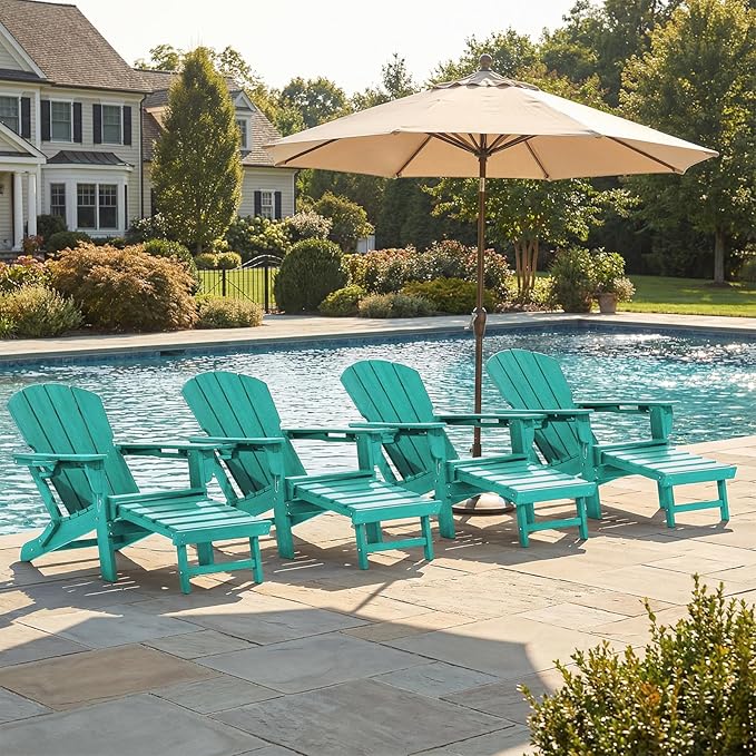 LOUNZY Folding Adjustable Adirondack Chair with Footrest Set of 4,HDPE Recliner Adirondack Chair with Cup Holder for Deck Lawn Fire Pit,Aruba
