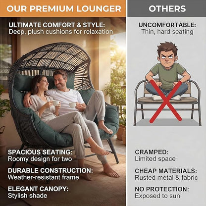 IRONCK 2 Person Egg Chair Indoor Outdoor, Double Lounge Chair, Update Frame, Cushions and Headrests, 700 lbs Egg Loveseat for Garden, Porch, Living Room, Dark Green
