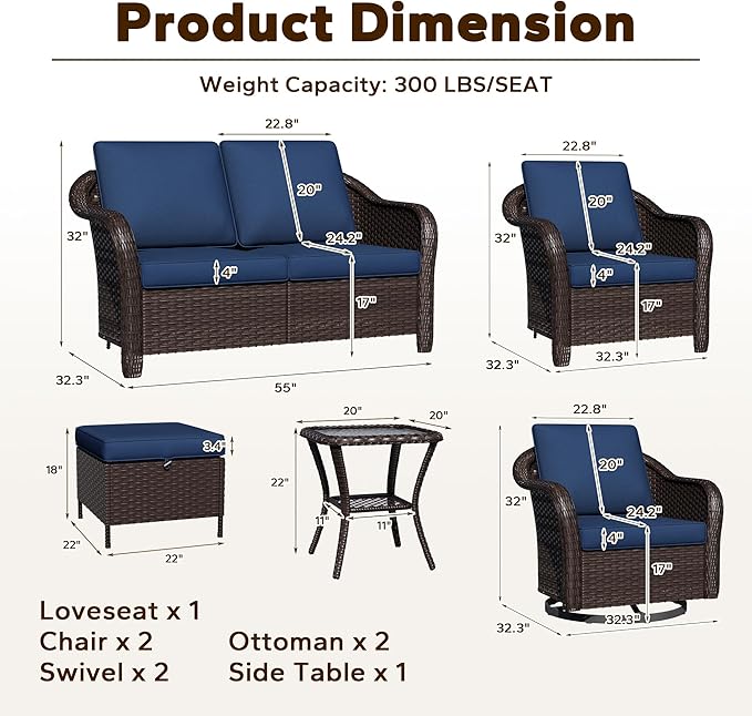 8 Piece Patio Wicker Conversation Set, All-Weather Use Outdoor Wicker Loveseat with 2 PE Rattan Ottomans, 2 Chair - Photo 2