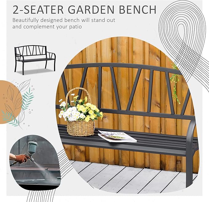 50" Metal Garden Benches for Outside, Front Porch Bench with Smooth Armrests, Patio Yard Benches with Slatted Seat for Outdoors Park/Entryway/Backyard (Black)