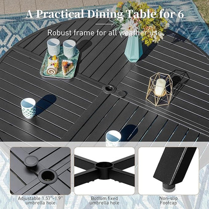 54" Patio Dining Table for 6, Round Patio Table with Umbrella Hole,E-Coating and Powder Coating Steel Frame Metal Outdoor Patio Table for Garden Backyard Lawn Yard