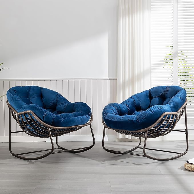 HOMEFUN Outdoor Patio Rocking Chairs Set of 2, Oversized Papasan Rock Chair Indoor with Velvet Padded Cushion - Rocker Egg Seat for Front Porch, Garden, Backyard Navy