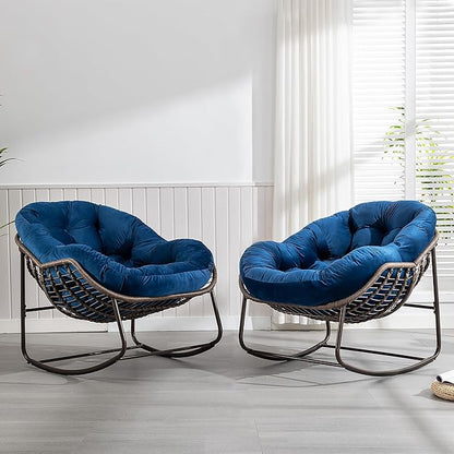 HOMEFUN Outdoor Patio Rocking Chairs Set of 2, Oversized Papasan Rock Chair Indoor with Velvet Padded Cushion - Rocker Egg Seat for Front Porch, Garden, Backyard Navy