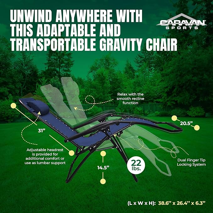 Caravan Sports Zero Gravity Outdoor Portable Folding Camping Lawn Deck Patio Pool Recliner Lounge Chair for Adults, Adjustable Headrest, Blue (2 Pack)