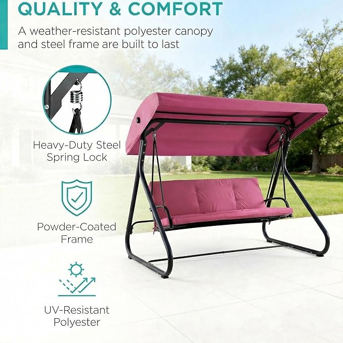 3-Seat Outdoor Convertible Swing Glider with Adjustable Canopy, 2-in-1 Bench to Flat Bed, Removable Cushions - Photo 4