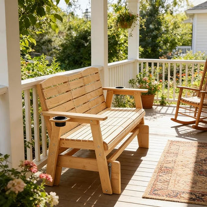 HOMREST Outdoor Glider Bench, Oversized Glider Bench with Foldable Seatback, Wooden Patio Glider Loveseat with High Back, Cupholders, Heavy Duty 800LBS Suitable for 3 Persons, Natural