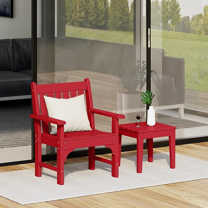 Costaelm Outdoor Patio Table and Chairs Set of 2, 2-Piece HDPE Garden Chair with Square Adirondack Side Table Set, Porch Chairs Coffee Table for Outside Porch Backyard, Red