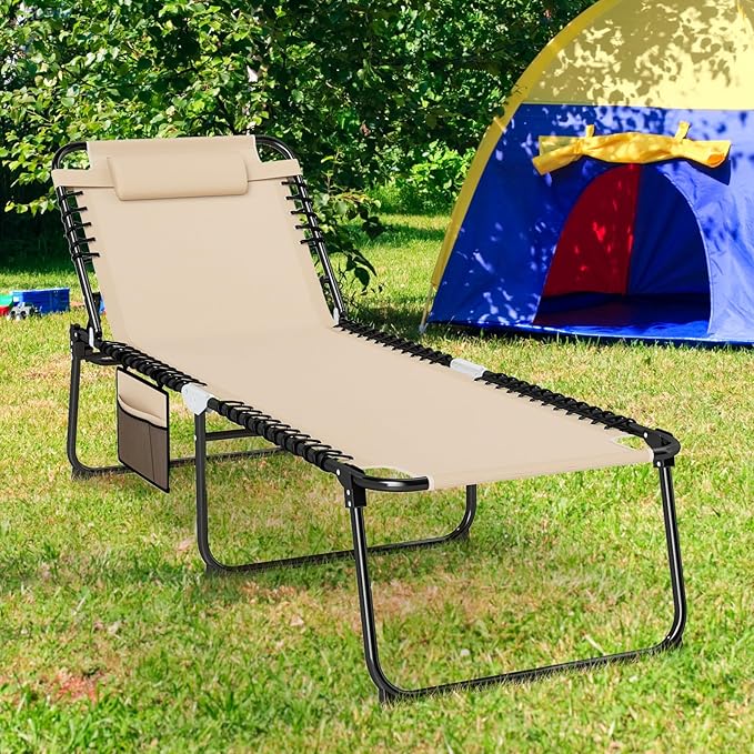 Giantex 2-Pack Lounge Chair Outdoor, Folding Tanning Chair with 4 Adjustable Positions, Removable Headrest, Footrest - Photo 5