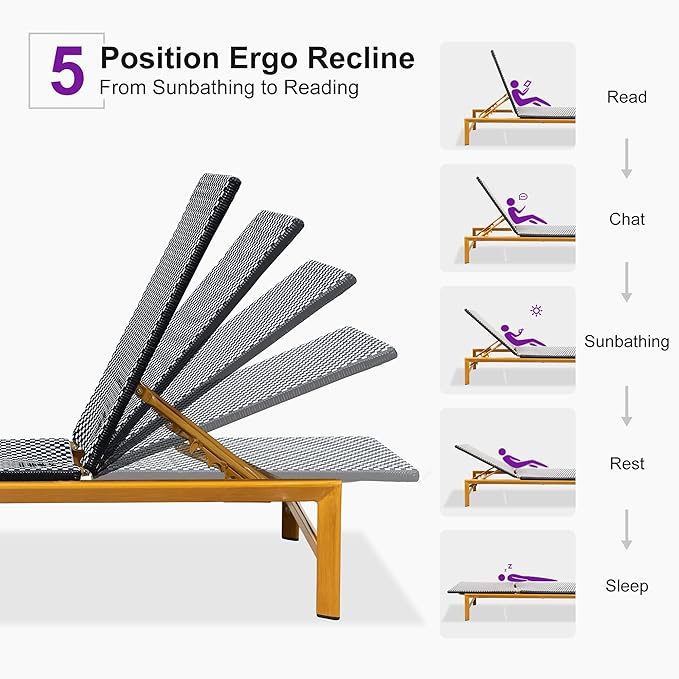 PURPLE LEAF Patio Chaise Lounge French Outdoor Lounger 1 Piece Wood-Grain Finish Aluminum Wicker Lounge Chair with Adjustable Backrest for Pool Garden Beach and Backyard White and Black